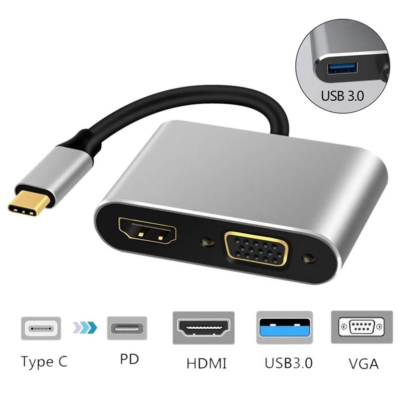 4 в 1 USB C HDMI Тип к адаптер VGA USB3.0 аудио видео конвертер PD 87 Вт быстрое зарядное