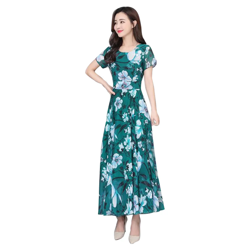 

A-line dress women's short sleeve waist round neck printing long summer skirt women's fashion temperament women's wear SAGACE