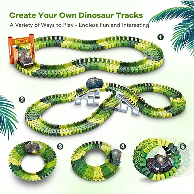 

Dinosaur Toys 156pcs Dinosaur Railway Toy Car Track Racing Track Toy Create Dinosaur world Road Race Flexible Track Playset
