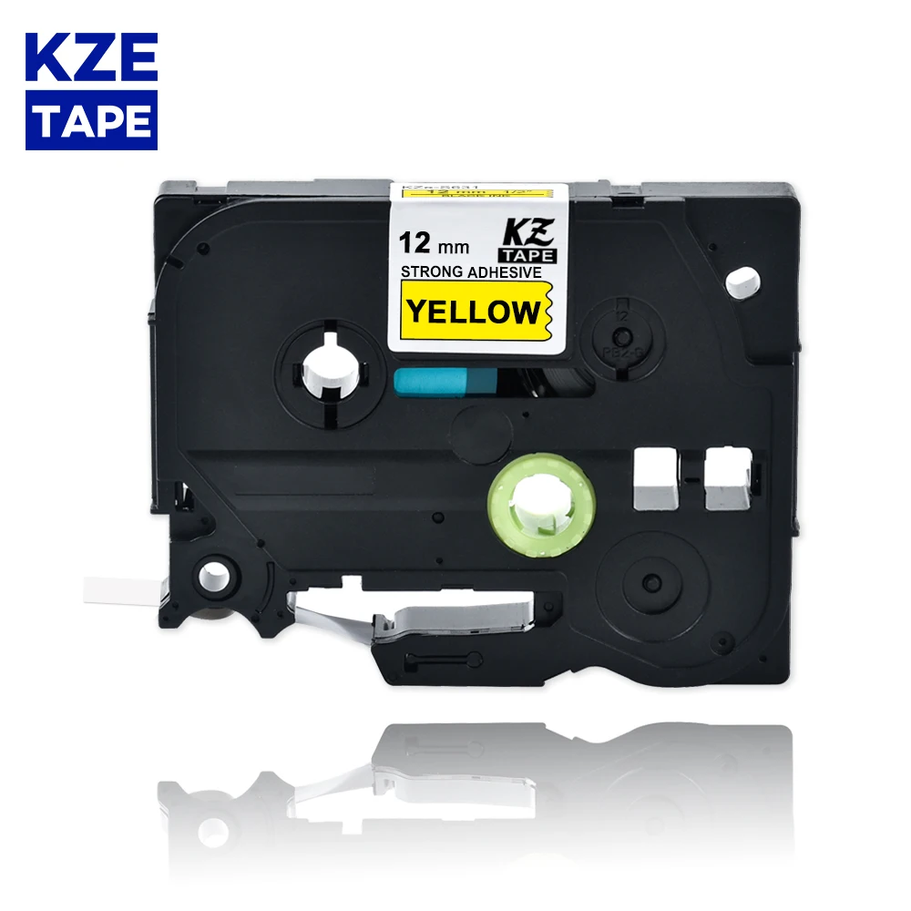 Крепкая клейкая лента Kze 12 мм черная на желтом цвете совместима с Brother P-touch PT