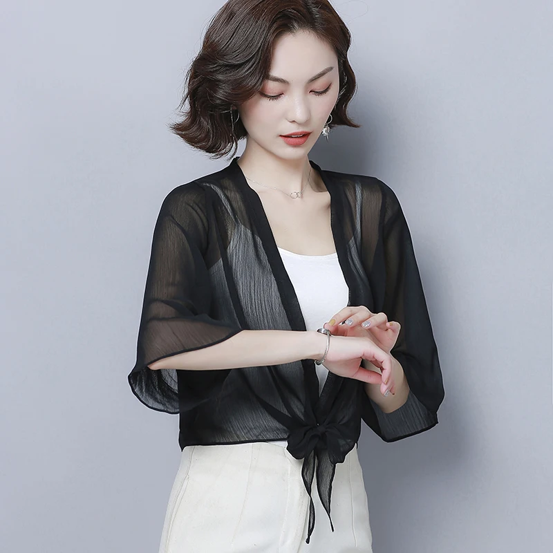 Summer Chiffon Blouses Kimono Cardigan Mesh Transparent Sunscreen Women Beach Cover Up Outwear Plus Size Bow Wrap Shirt |