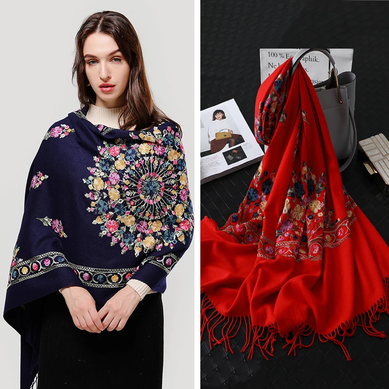 

2022 Winter Scarf for Women Thick Warm Cashmere Shawl Blanket Hijabs Embroidery Foulard Fashion Female Pashmina Bandana New