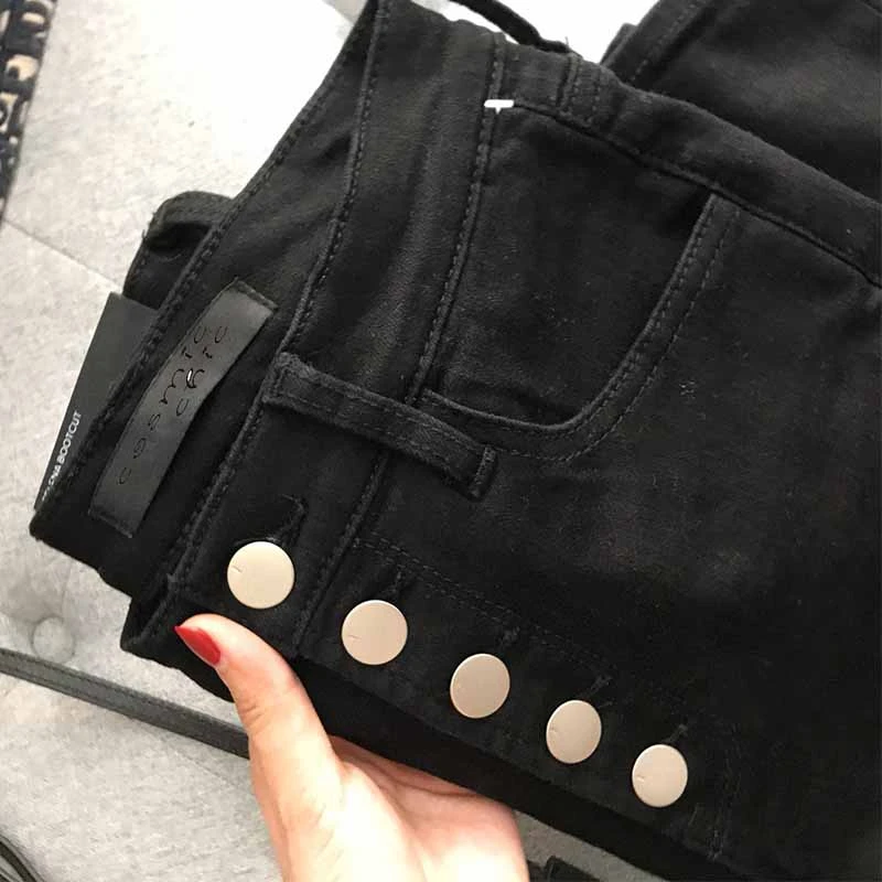 Skinny Jeans High Women Waist Black Casual Elastic Slim Denim Jeans Single Breasted Golden Buttons Fit Pencil Pants