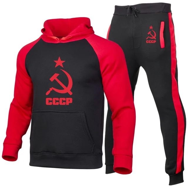 

2020 Spring Autumn Tracksuit Men Hoodie Sweatshirt Jacket+Sweatpants Suit Unique CCCP Russian USSR Soviet Union Print Sportwear