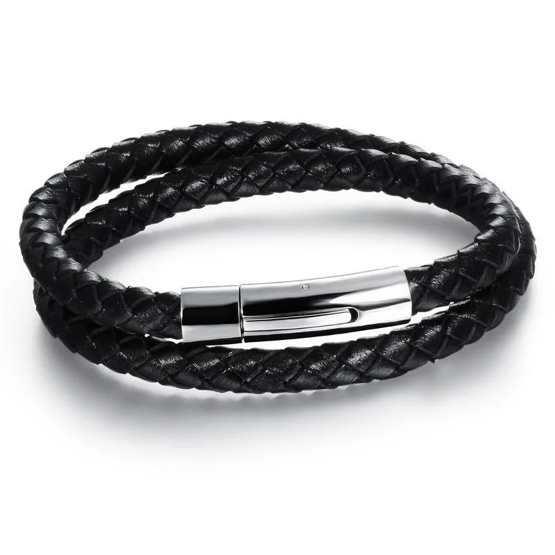 Классический мужской Многослойный кожаный браслет простой Серебристый из