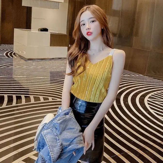 2020 Женская майка с блестками блестящие майки на бретельках женская сексуальная