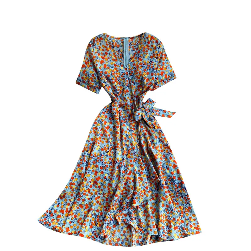 

Retro Vestidos Female Summer 2021 New Temperament V-neck Tie Waist Slimming Lotus Leaf Platycodon Midi Dress GK614