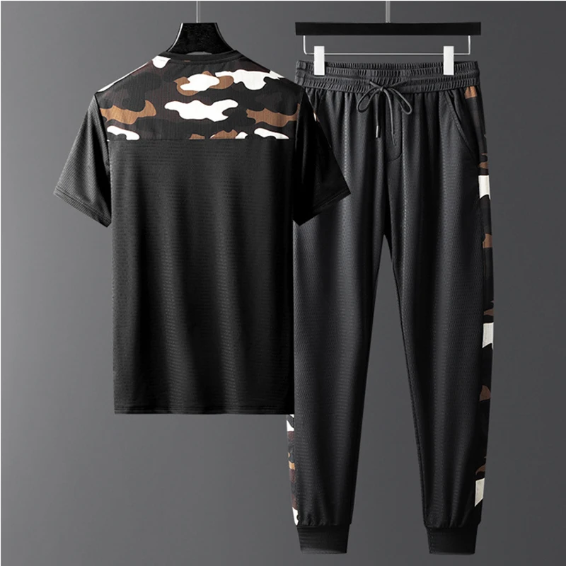 

Новинка лета 2021, камуфляжные повседневные брюки из вискозы с коротким рукавом, модный брендовый спортивный костюм знаменитости из двух час...