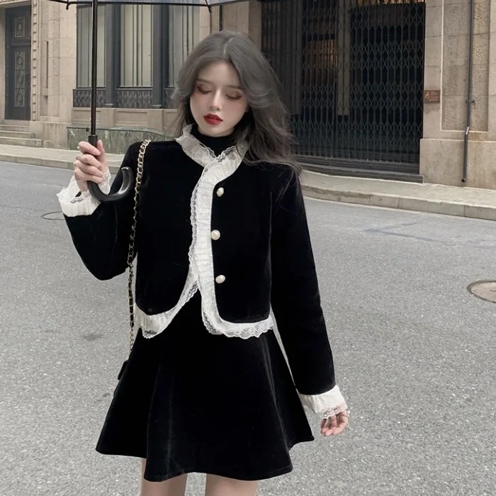 Стильный Шикарный ретро-комплект Осеннее кружевное короткое пальто с