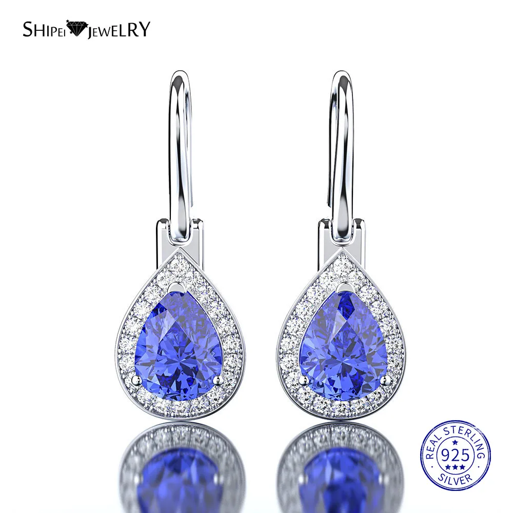 Shipei 925 пробы, серебряные, желтые, розовые, белые сапфировые серьги в форме капли воды, хорошее ювелирное изделие, висячие серьги для женщин - Цвет камня: Sapphire