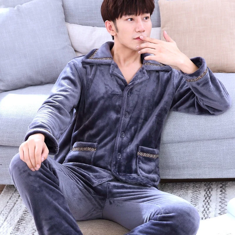 

2021 Winter Long Sleeve Thick Warm Flannel Pajama Sets for Men Coral Velvet Sleepwear Suit Pyjamas Lounge Homewear Home Clothes