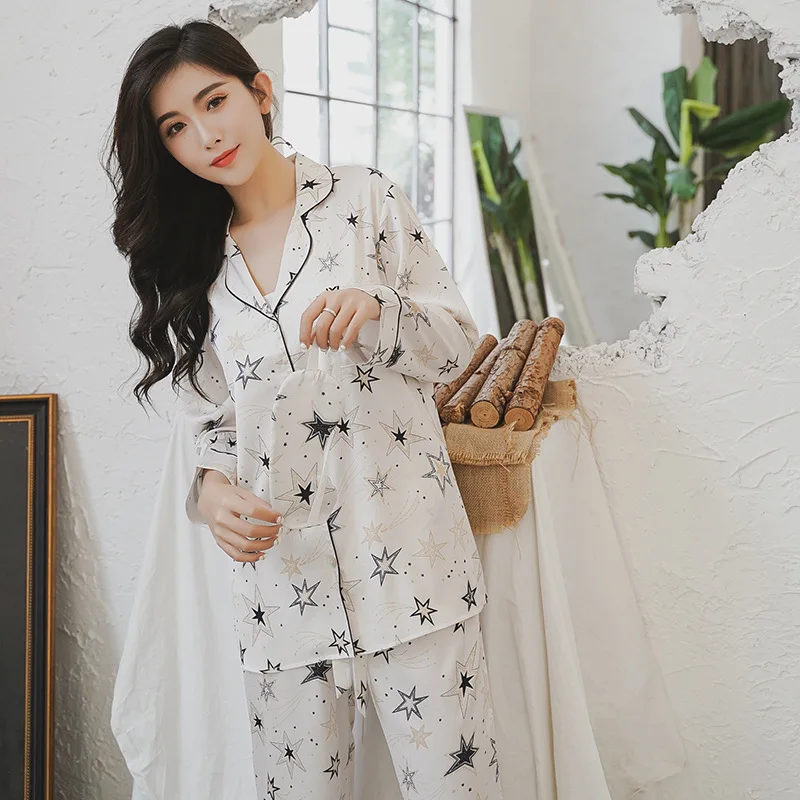 

Sweet stars satins silk noble women pajamas sets Korea elegance long sleeve trousers women sleepwear pijamas 3pcs pyjamas