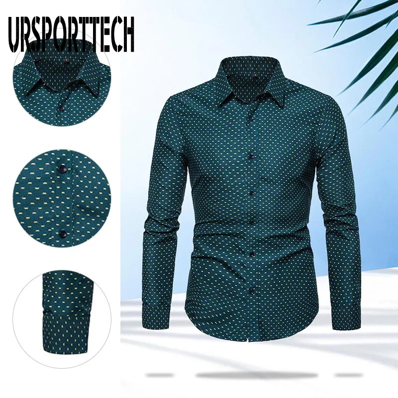 URSPORTTECH Men Shirt Plus Size M-5XL Long Sleeve Print Shirt Men Blouse Tops Shirt Office Business Casual Slim Fit Clothing