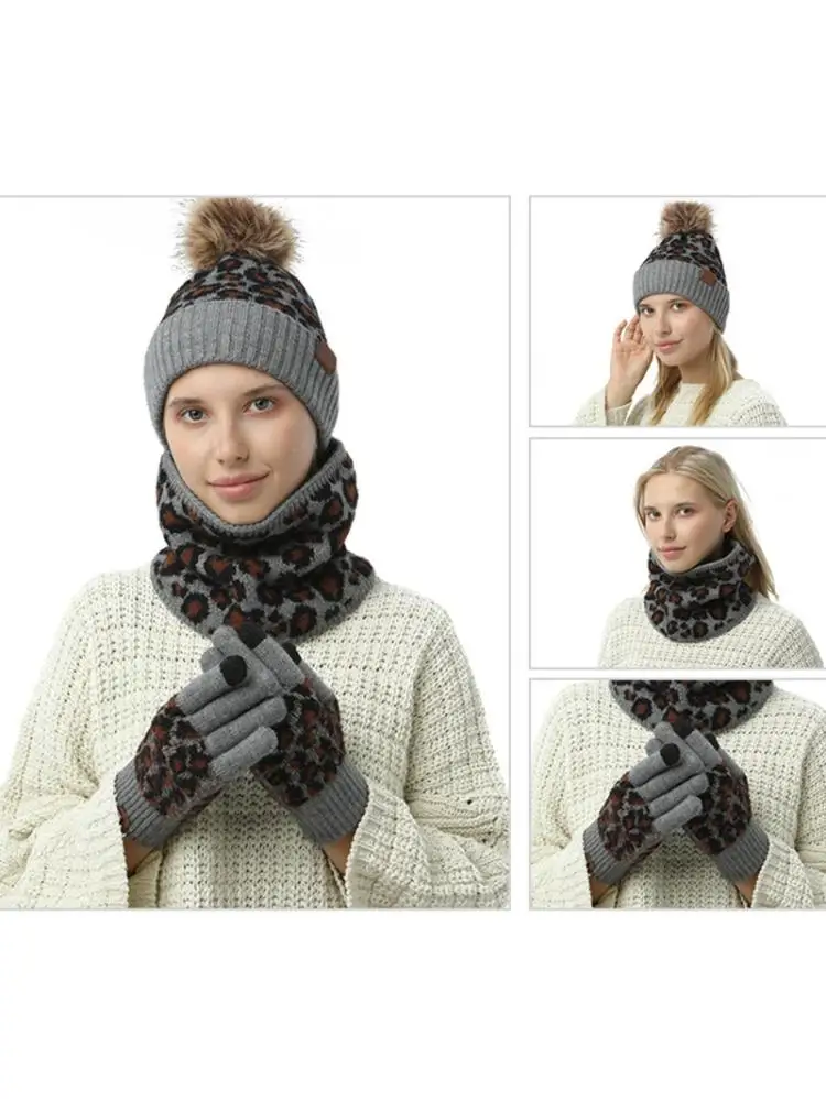 

3 предмета в комплекте для женщин с узором снежного барса трикотажная вязаная шапка с помпоном шарф сенсорный Экран перчатки Комплект 83XF