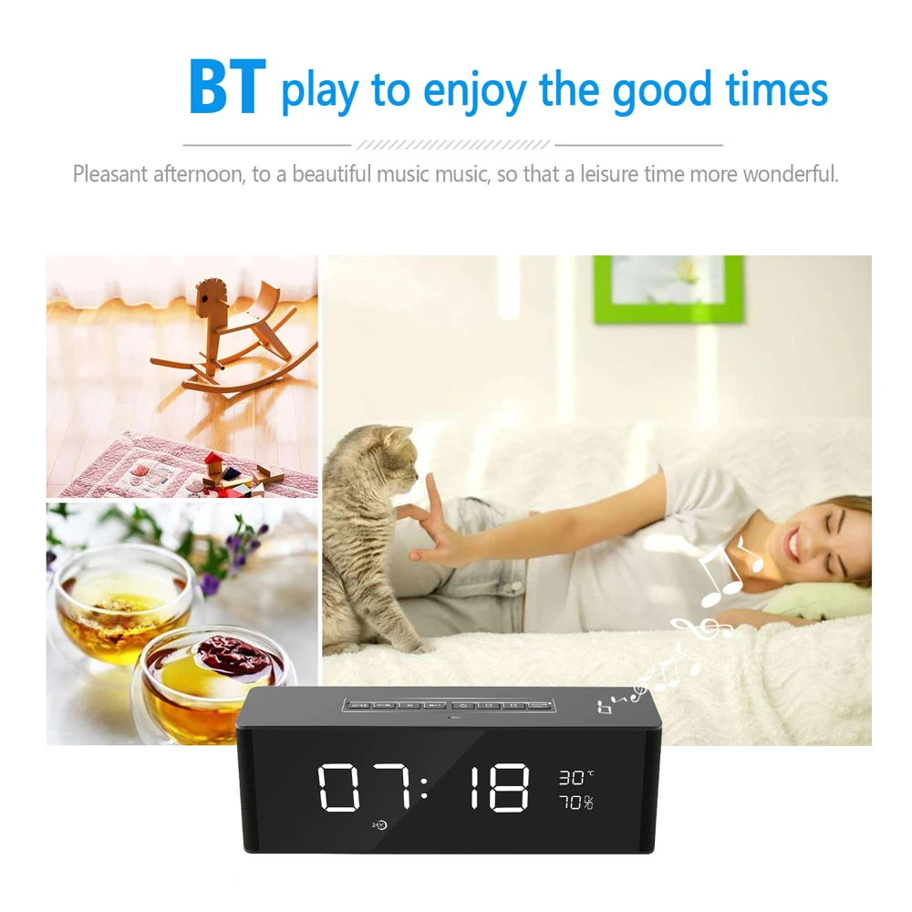 

New Wireless Alarm Clock BT Home Rechargeable Mini Display TF Card FM Audio Input Bass Speaker Alarm Clock Sound Box Table Clock