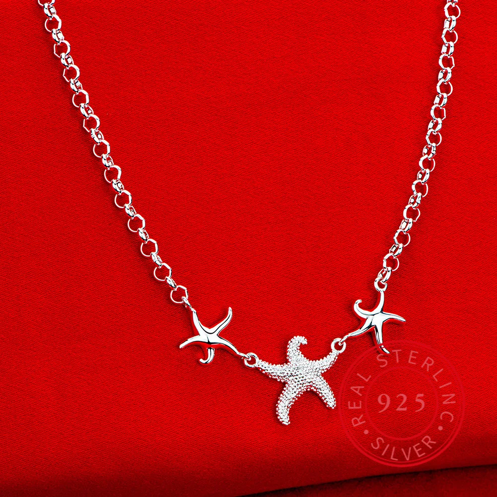 

High Quality 925 Sterling Silver 18 Inch Three Starfish Necklace for Women's Wedding Party Gift Charm Jewelry