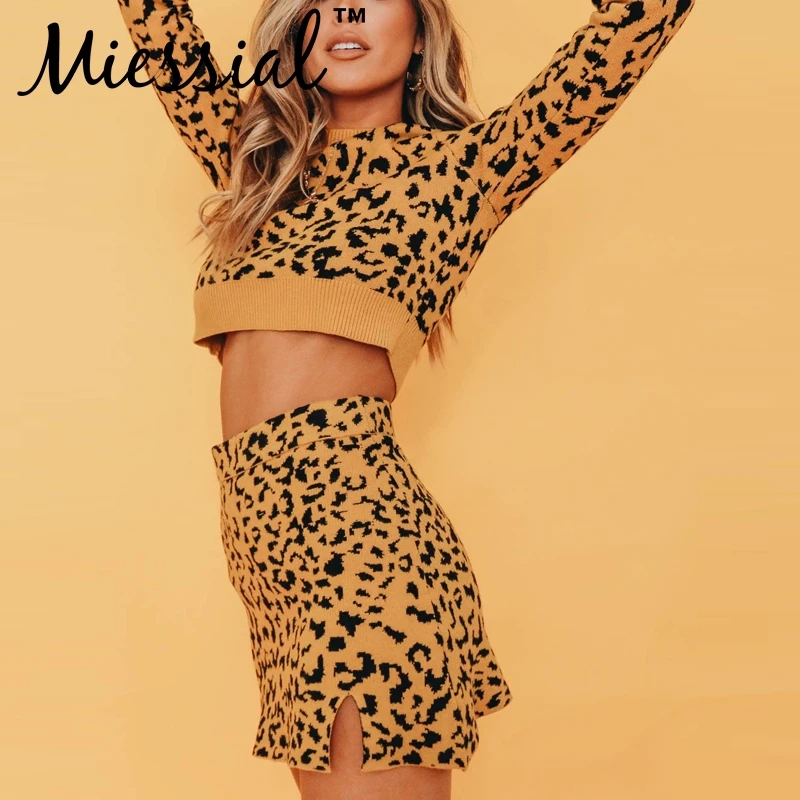 Miessial леопардовое трикотажное мини платье из двух частей женское осенне зимнее