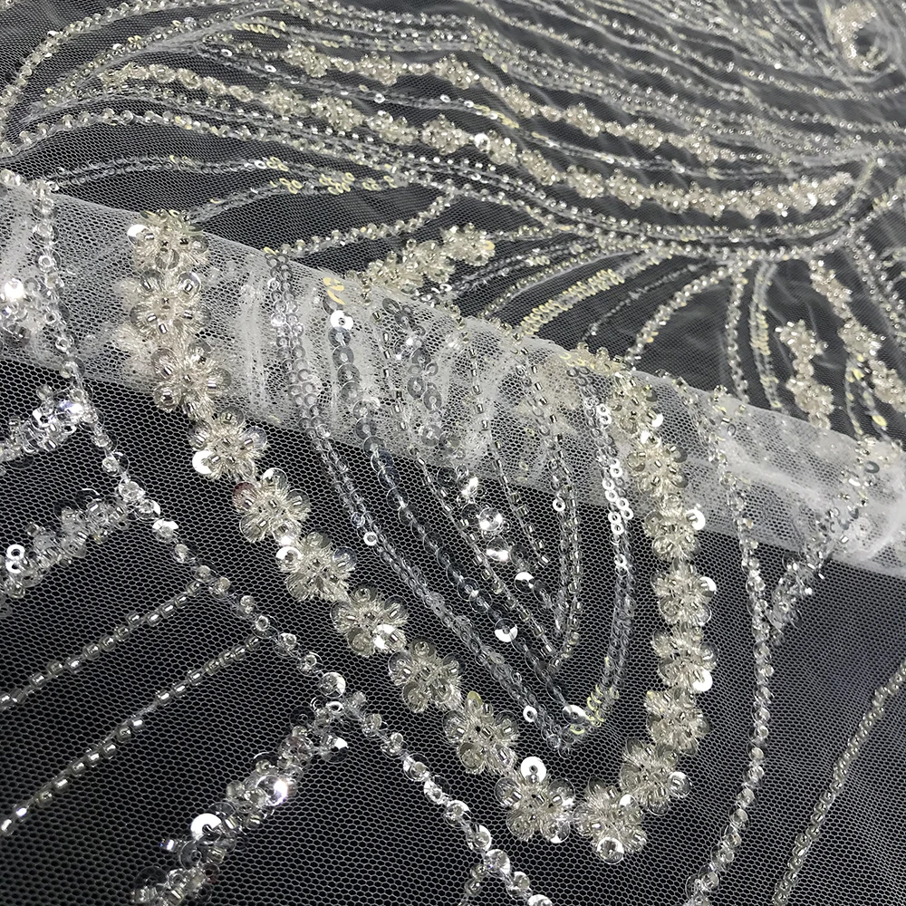 

Luxury Quality Heavy Beaded Lace Mesh Embroidery Fabric with Sequin Textile for White Wedding Dress Evening Gown Sewing Material