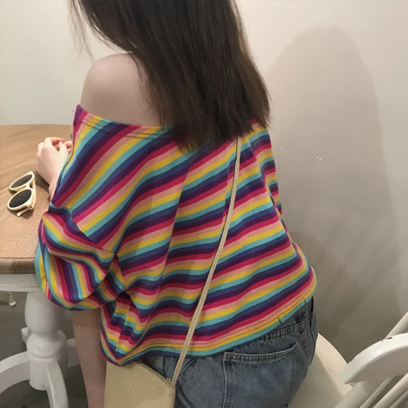 

Women's T-shirt Sexy Rainbow Striped Top Female One-neck Off-shoulder Short High-waist Loose Tee Summer Casual Blouses Plus Size