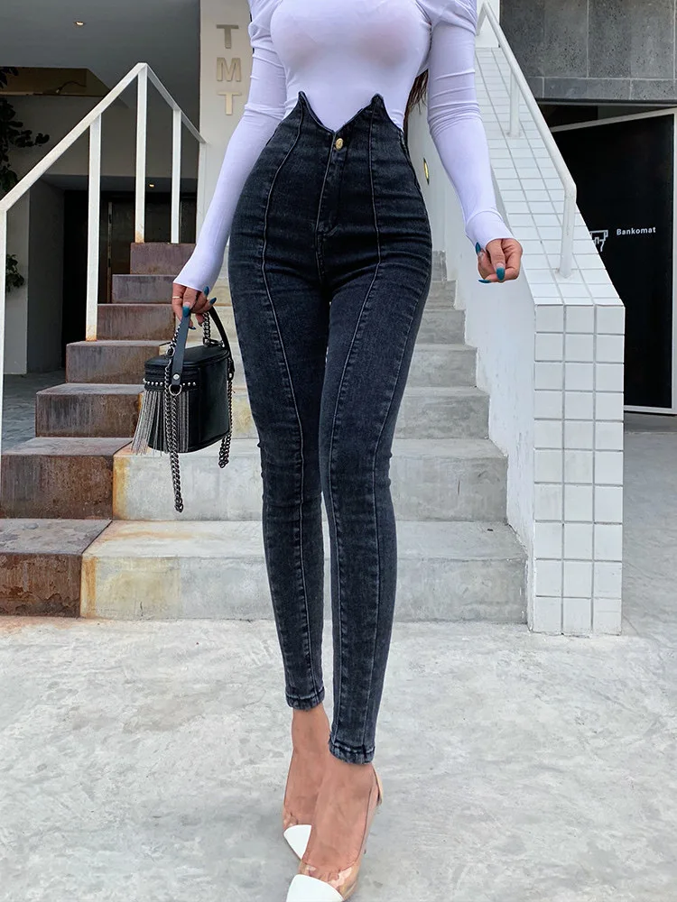 Женские джинсы с высокой талией, асимметричные, темно-серые, подтягивающие бедра, леггинсы, 2020 от AliExpress RU&CIS NEW