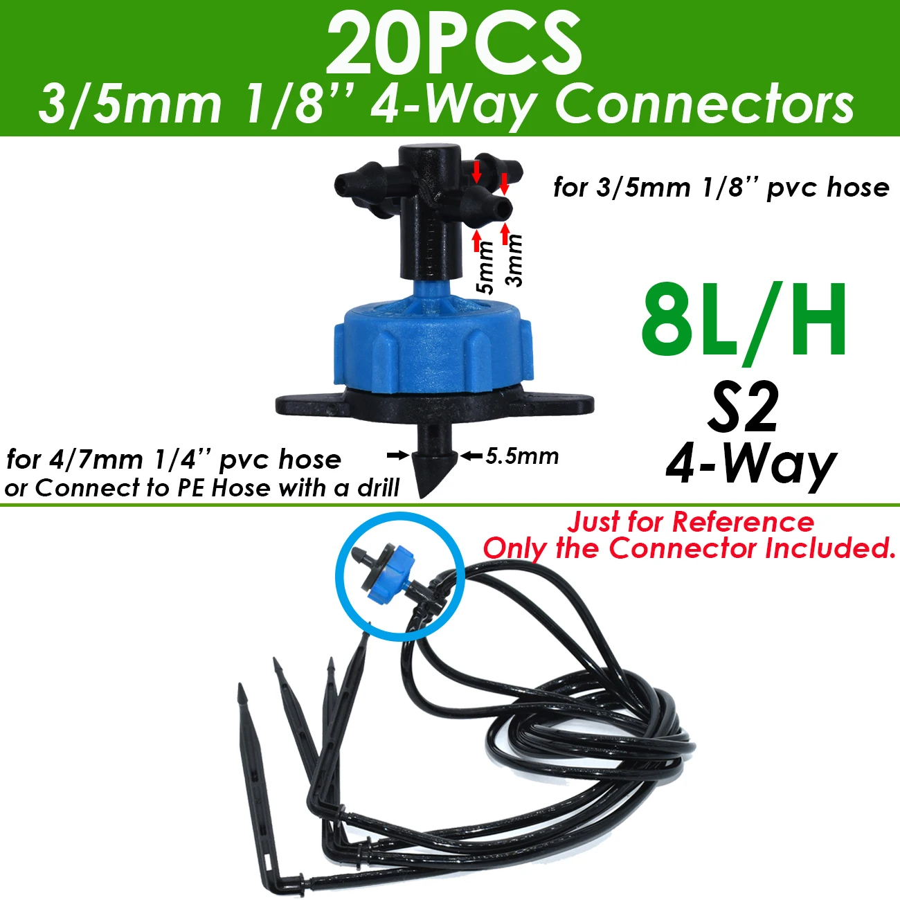 Garden 1/8" Drip Irrigation Sprinkler 4 Way Water Pipe Connector 4/7mm To 3/5mm Hose Bend Arrow Emitter Dripper Watering Fitting