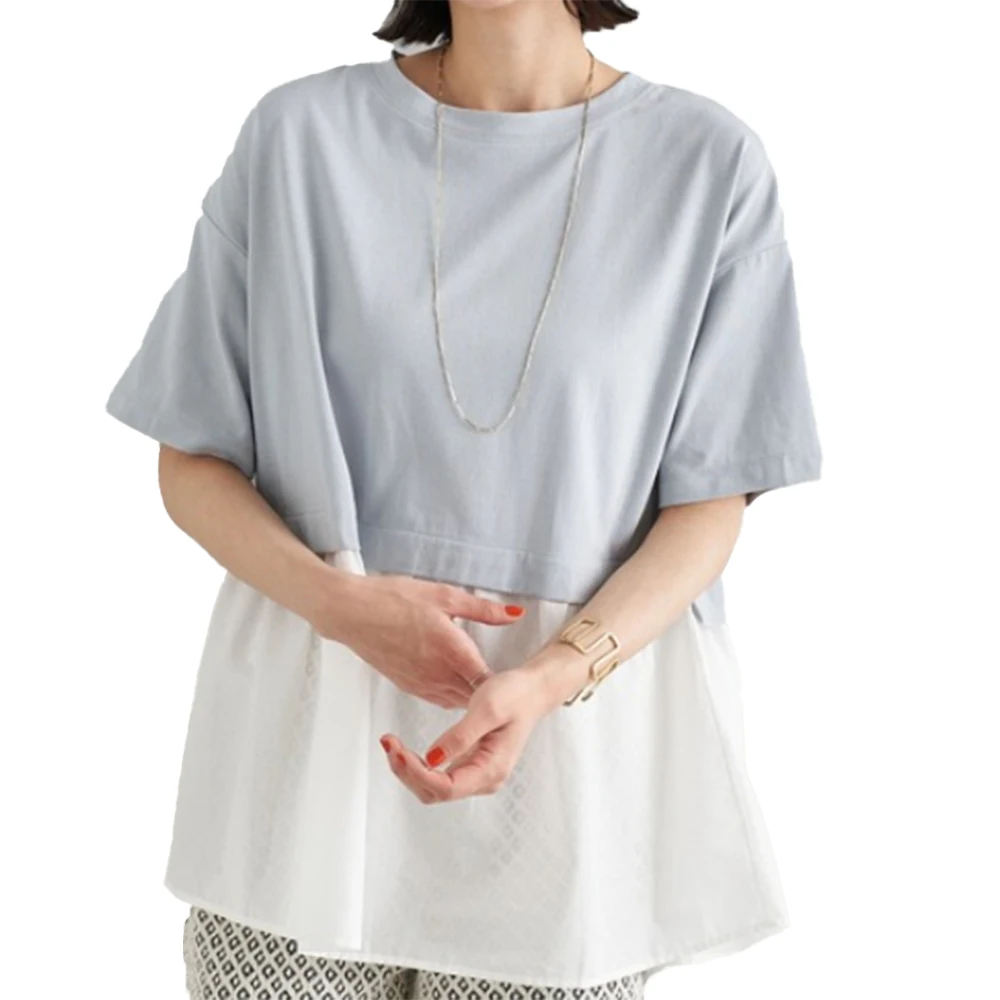 

T-Shirt 2021 Summer New Japanese Style Fashion Splicing Women's Loose Casual Solid Color Simplicity Round Neck Summer Oversize
