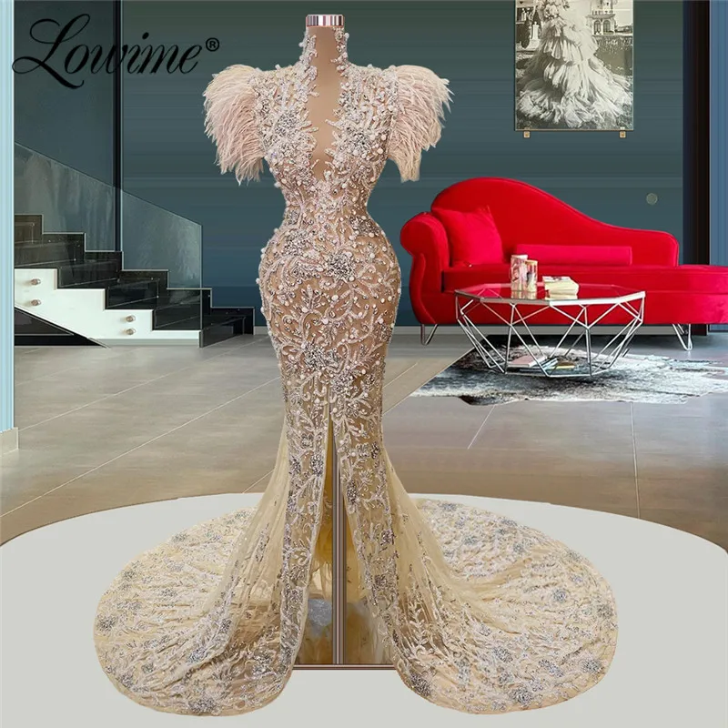 Lowime Light Champagne Pearls Long Evening Dresses Robes Feathers Capped Sleeves Mermaid Party Gowns For Weddings Prom Dresses