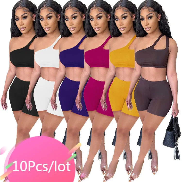 

Bulk Item Wholesale Lots Two Pieces Set Women Solid Skew Collar Crop Tops Biker Short Sexy Backless Workout Matching Sets 2021
