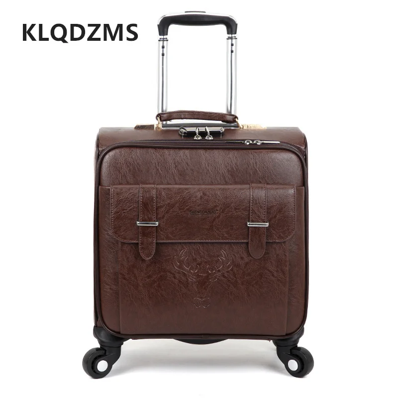 KLQDZMS 18 Inch Classic  Business Spinner Rolling Luggage PU Men's  Travel Trolley Luggage Bag With Laptop Bag Vintage Suitcase