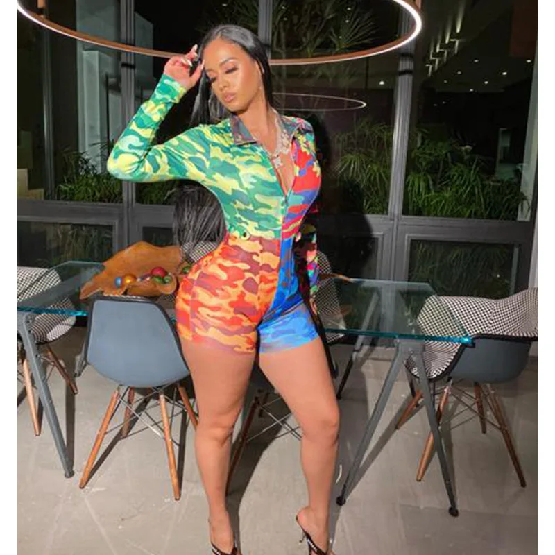 Fashion rainbow camouflage print lady playsuits turn-down collar long sleeve sexy overall club shorts | Женская одежда