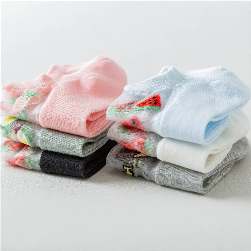 Летние Новые прозрачные женские носки с мультяшной вышивкой фруктов дышащие