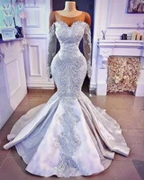 long sleeve wedding dress african mermaid for bride plus size 2021 lace sheer neck luxury women white bridal wedding gowns