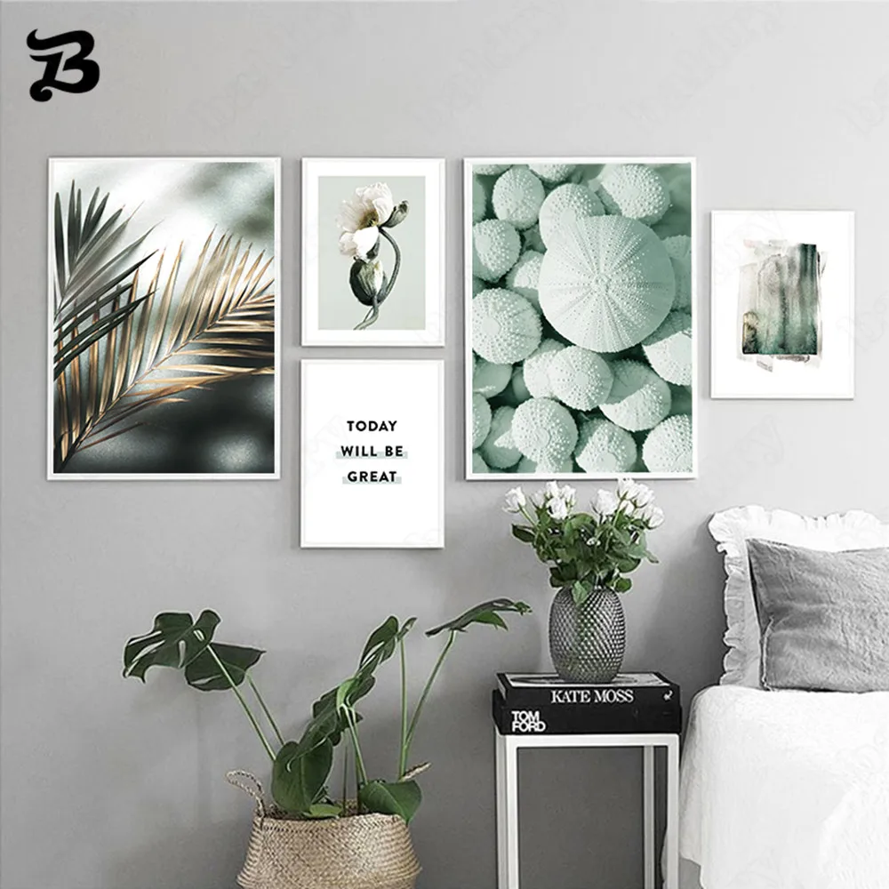 

Modern Nordic Mint Green Plant Flower Canvas Painting Wall Art Posters and Prints Simple Green Wall Pictures Home Decor No Frame