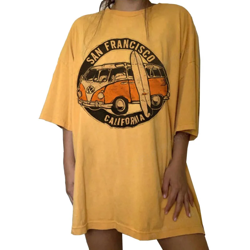 

Yellow Loose Letter Printed Plus Size T-shirt Women Clothing Cotton Tees Harajuku Casual Long T Shirts Female Plus Size Camisas