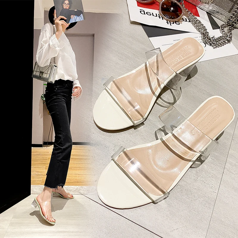 Шлепанцы женские прозрачные с открытым носком ПВХ сандалии желе квадратный