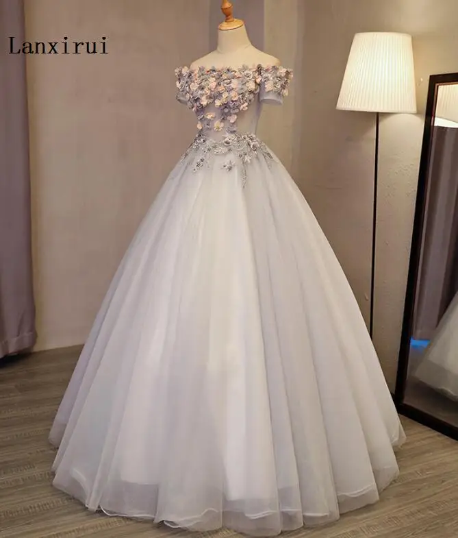 Новое поступление от Lanxirui серые платья Quinceanera с открытыми плечами бальное платье