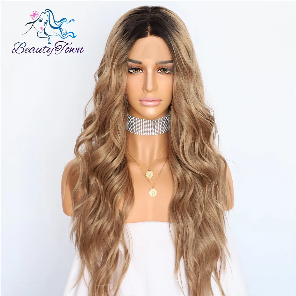Ombre Brown BeautyTown шелковые темные корни Омбре коричневый натуральная волна для женщин Королева ежедневный Макияж Свадебный подарок синтетический кружевной передний парик - Цвет: Ombre Brown