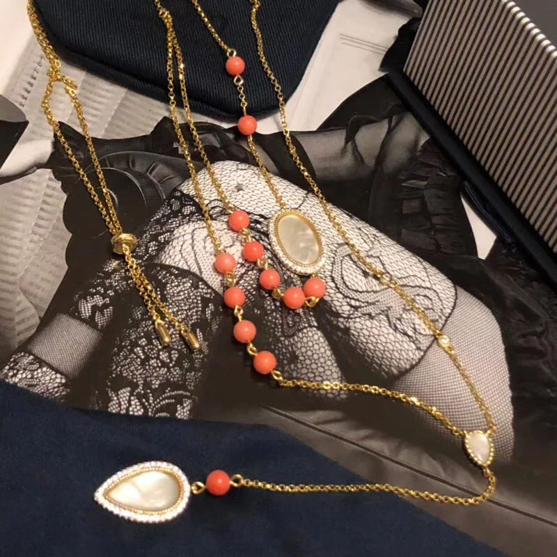 Monaco Jewelry Tassel Mother Of Pearl Long Chain Necklace pure 925 Sterling Silver Red Coral Bead Ball For Women | Украшения и