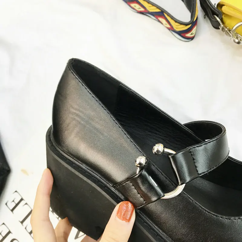 

Casual Shoes Woman Punk shoes Women High Heels Buckle Black Round Toe Mary Jane Shoes Platform Wedges Leather Lady Pumps