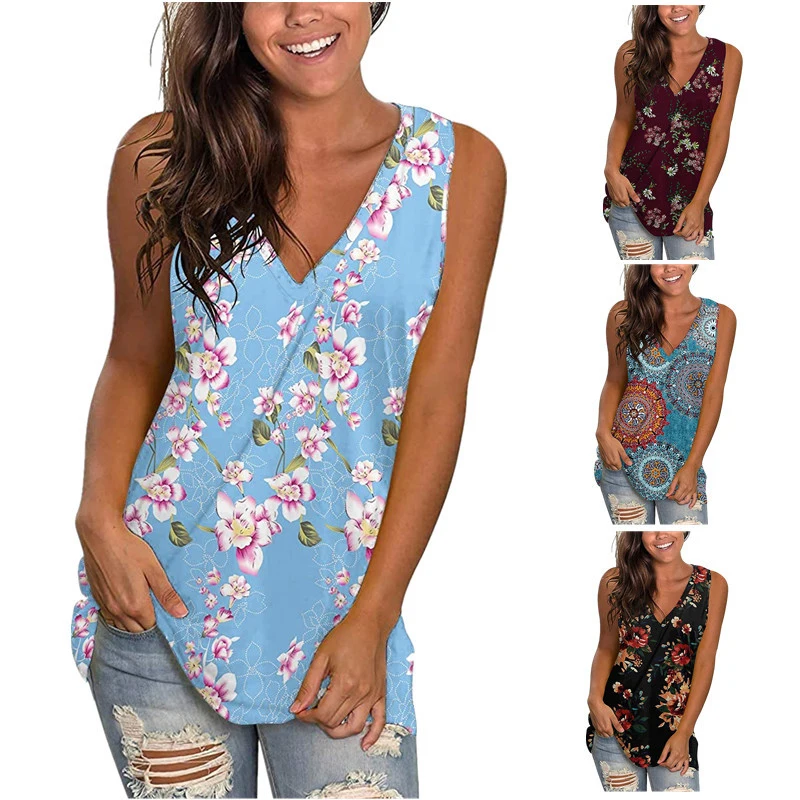 

Women's Summer Hot Sale New Style Sleeveless Vest Fashion Sexy V-neck Floral Print Pullover T-shirt Casual Loose Elegant Top
