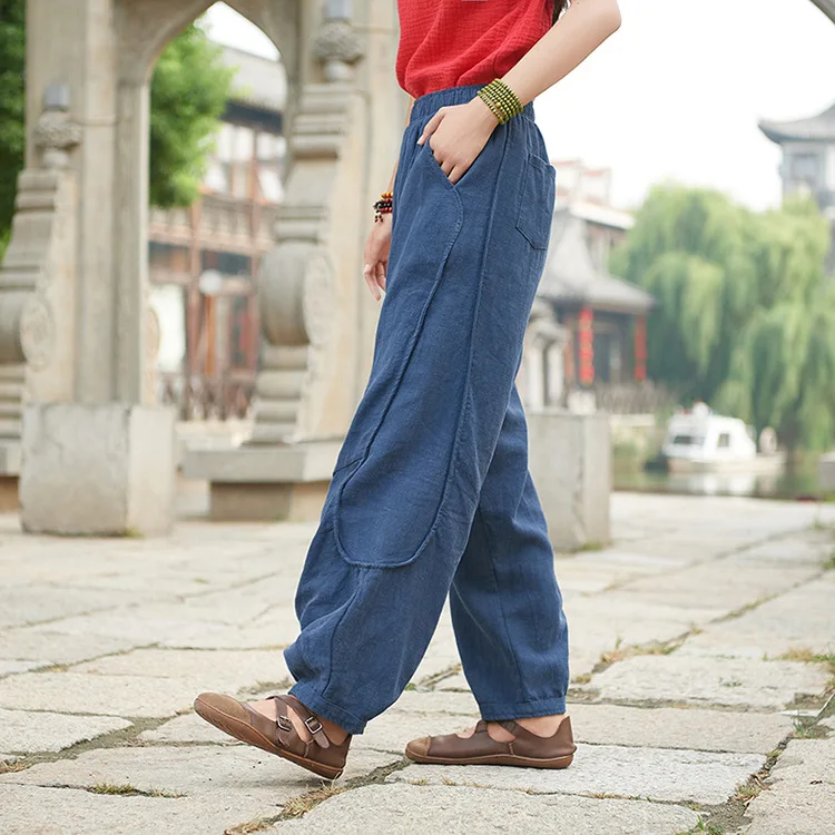 

2018 autumn new straight legged trousers with elastic waist women original ramie harem pants retro Pantalones good quality