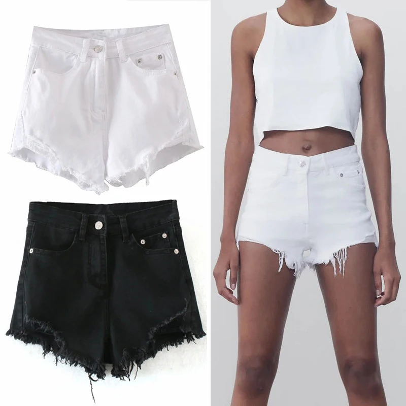

NWOMN Summer Za Shorts Women 2021 White High Waist Denim Shorts Female Jeans Fashion Frayed Hems Casual Black Short Pants Woman