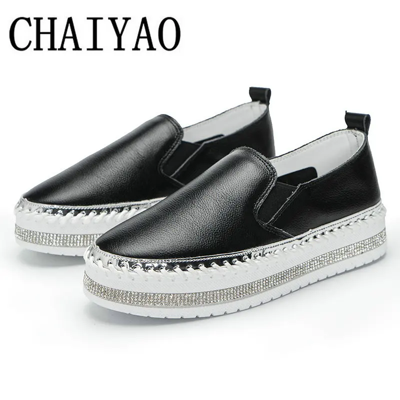 

Trifle thick-soled genuine leather sneakers women's 2020 fall new rhinestone flat-bottom walking shoes for women ZA-32