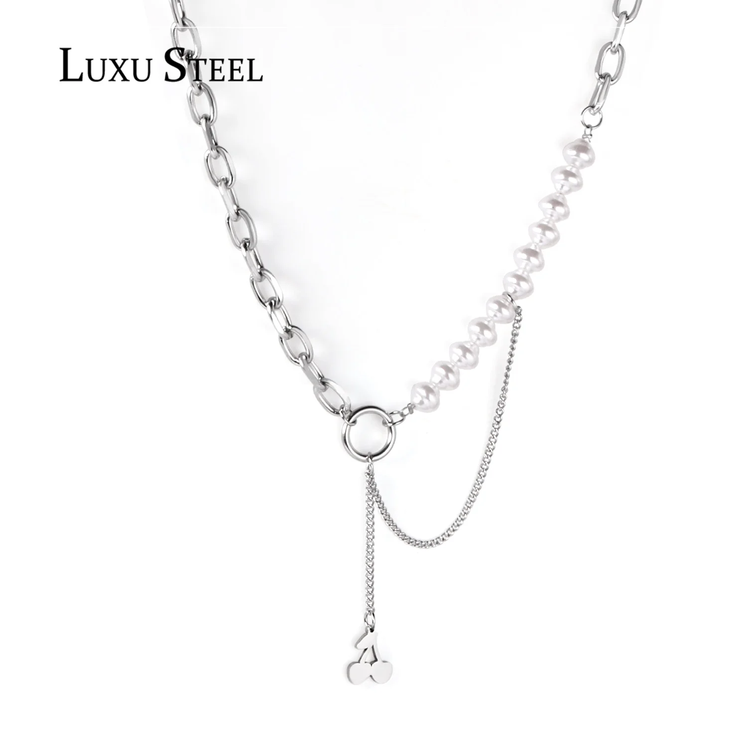 

LUXUSTEEL Cherry Imitation Pearls Necklaces Women Silver Color Stainless Steel Long Cuban Link Chains Necklace Hiphop Party