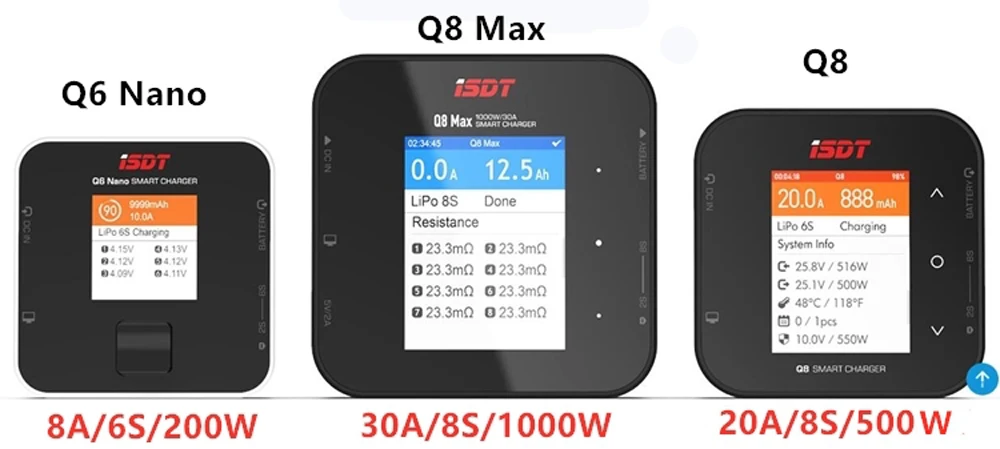 Карманное балансирующее зарядное устройство iSDT Q6 NANO 200 Вт 8A/ Q8 MAX 1000 30A для литий
