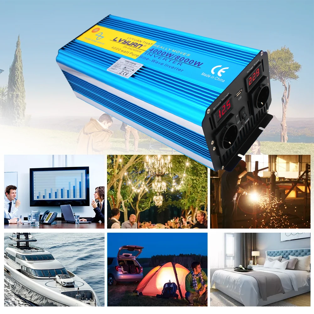 

Dual EU Socket Dual Display 8000W Pure Sine Wave Power Inverter DC 12V TO AC 220V/230V/240V with 3.1A USB Solar for work travel