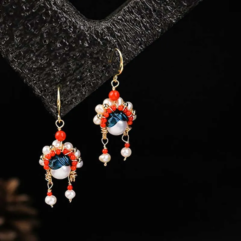 

Beijing Opera Face Pearl Martin Ear Ring Early Chinese Style Green Face Earrings Natural Baroque Freshwater Pearl