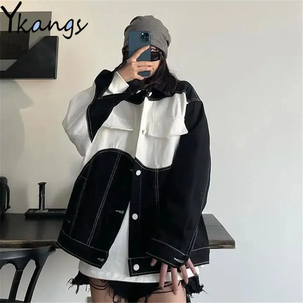 

Irregular Black White Patchwork Desigual Denim Jackets Harajuku Gothic Punk Cargo Loose Jean Coat Women Streetwear Y2k Clothing