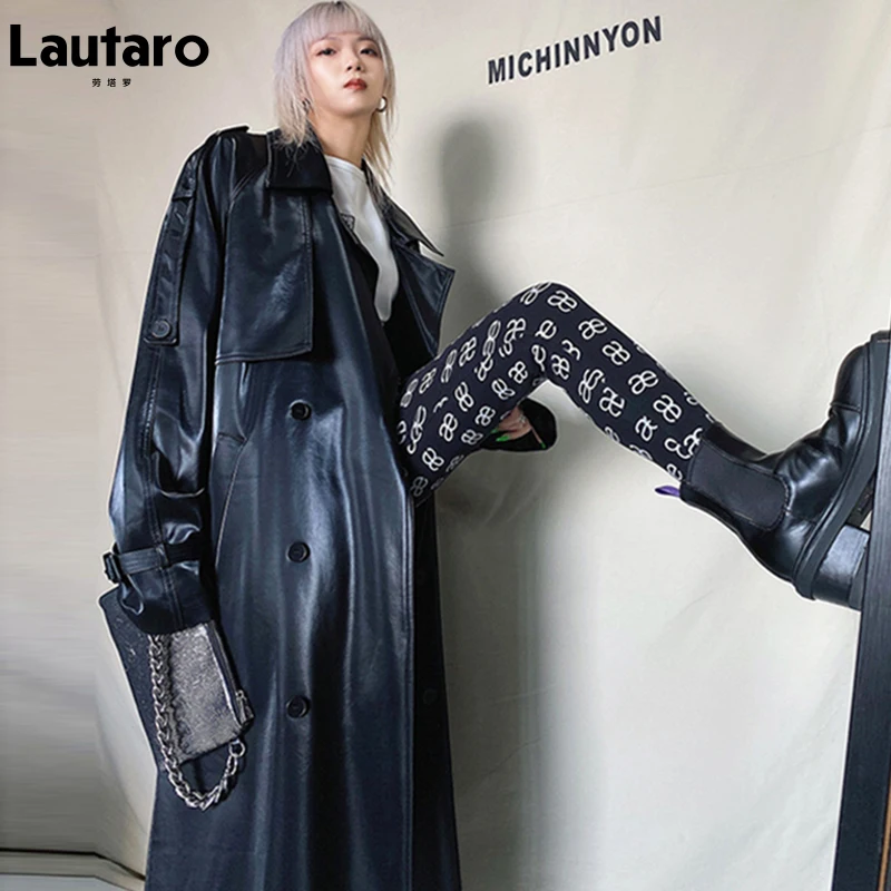 Lautaro Autumn Long Oversized Reflective Shiny Waterproof Patent Leather Trench Coat for Women Belt Loose Korean Fashion 2021