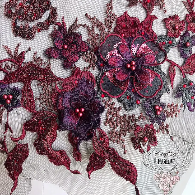 1 Piece Hot Sale Burgundy 3D Lace Flowers Applique Trim Sewing Craft 29*35CM Beautiful Polyester Bead Flower | Дом и сад
